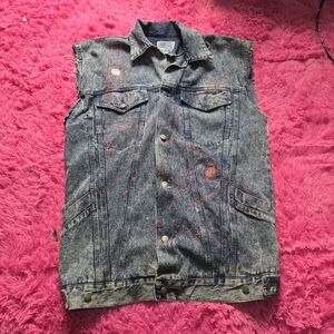 LEARSI‎ VINTAGE Men's Graphic Denim Vest with Red Design